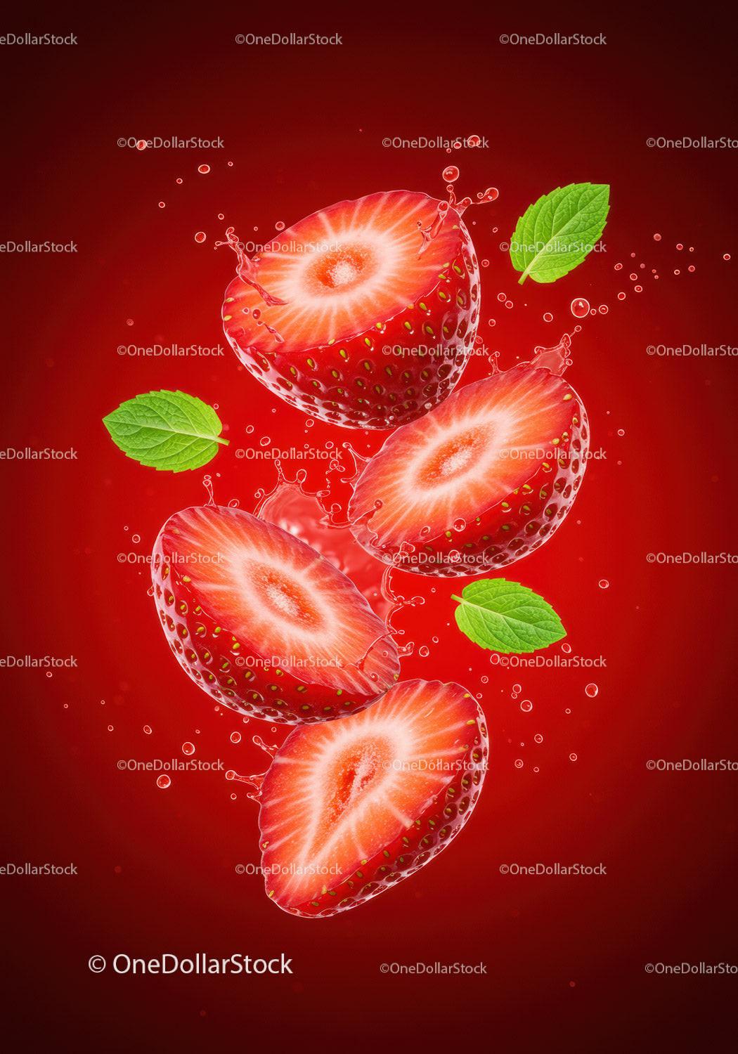 Fresh Strawberries Halves Splashing with Green Mint Leaves