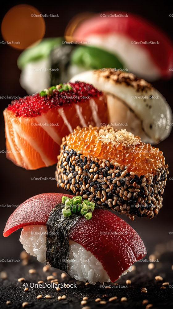 Fresh Salmon Sushi Roll with Avocado and Cherry Tomatoes Stock Photo Bundle preview 6