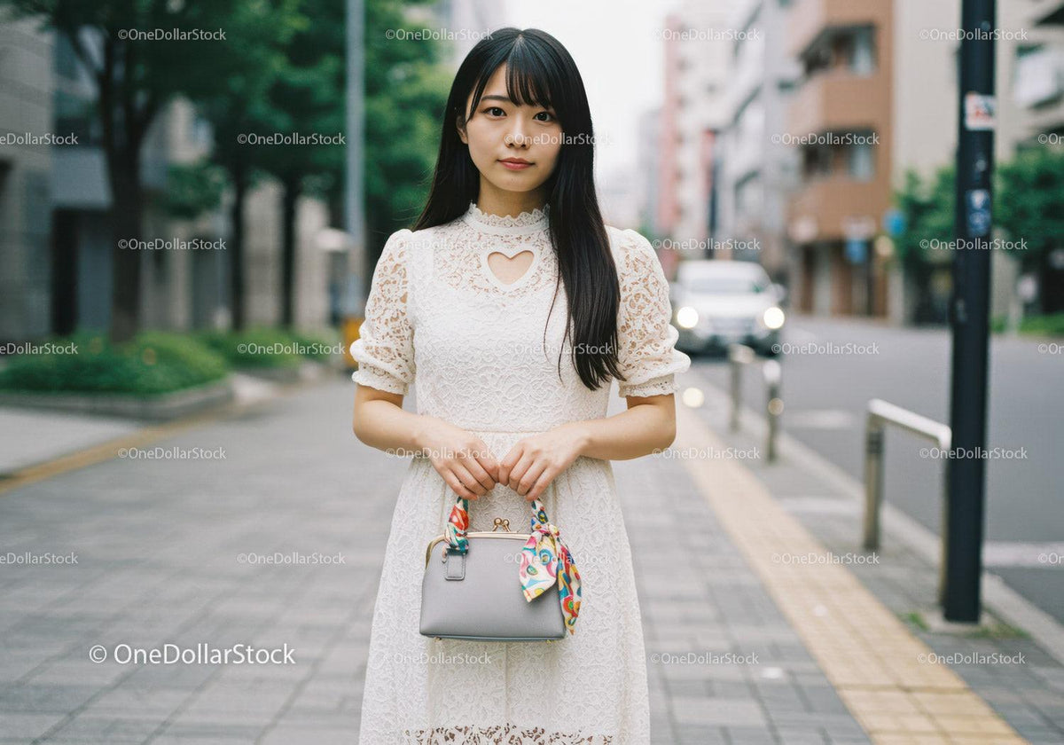 Stylish Woman in White Lace Dress Holding Handbag on City Street