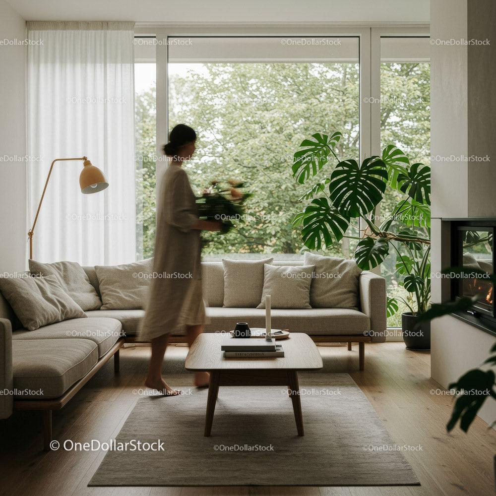 Elegant Woman Walking in a Modern Living Room with Plants Stock Photo Bundle preview 9