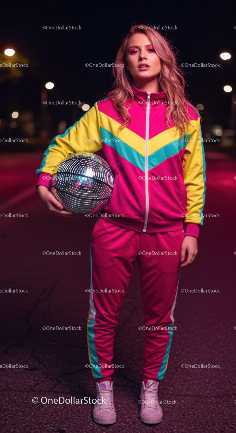 Vibrant Young Woman in Colorful Tracksuit Holding Disco Ball at Night