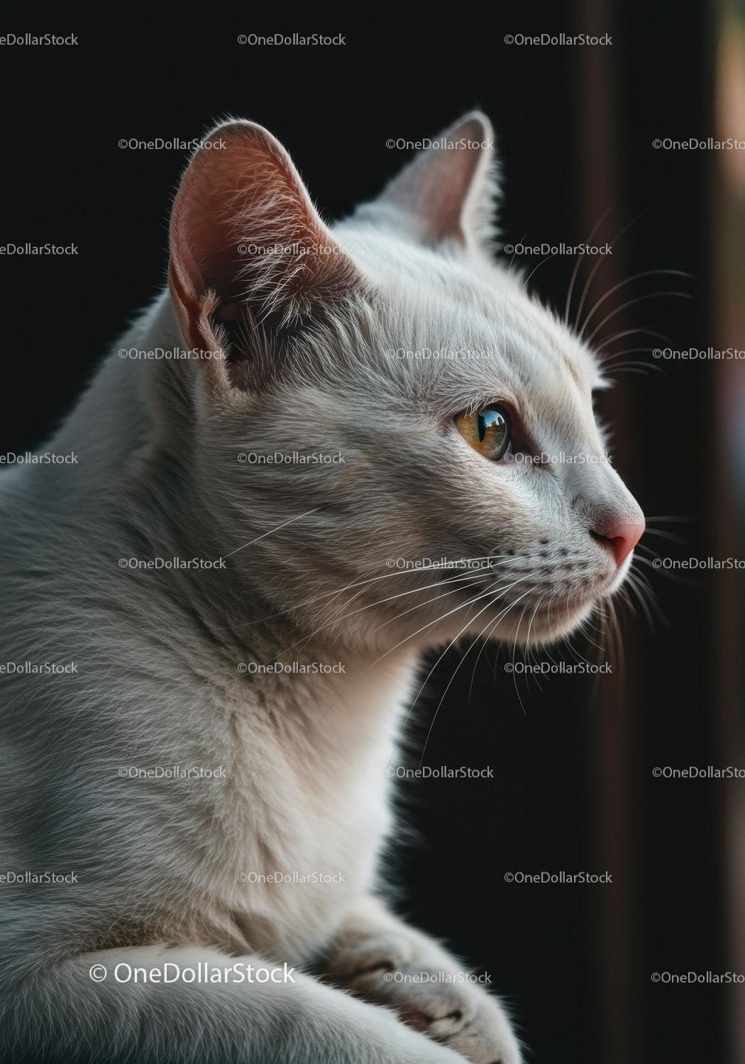 White cat gazing thoughtfully out of window