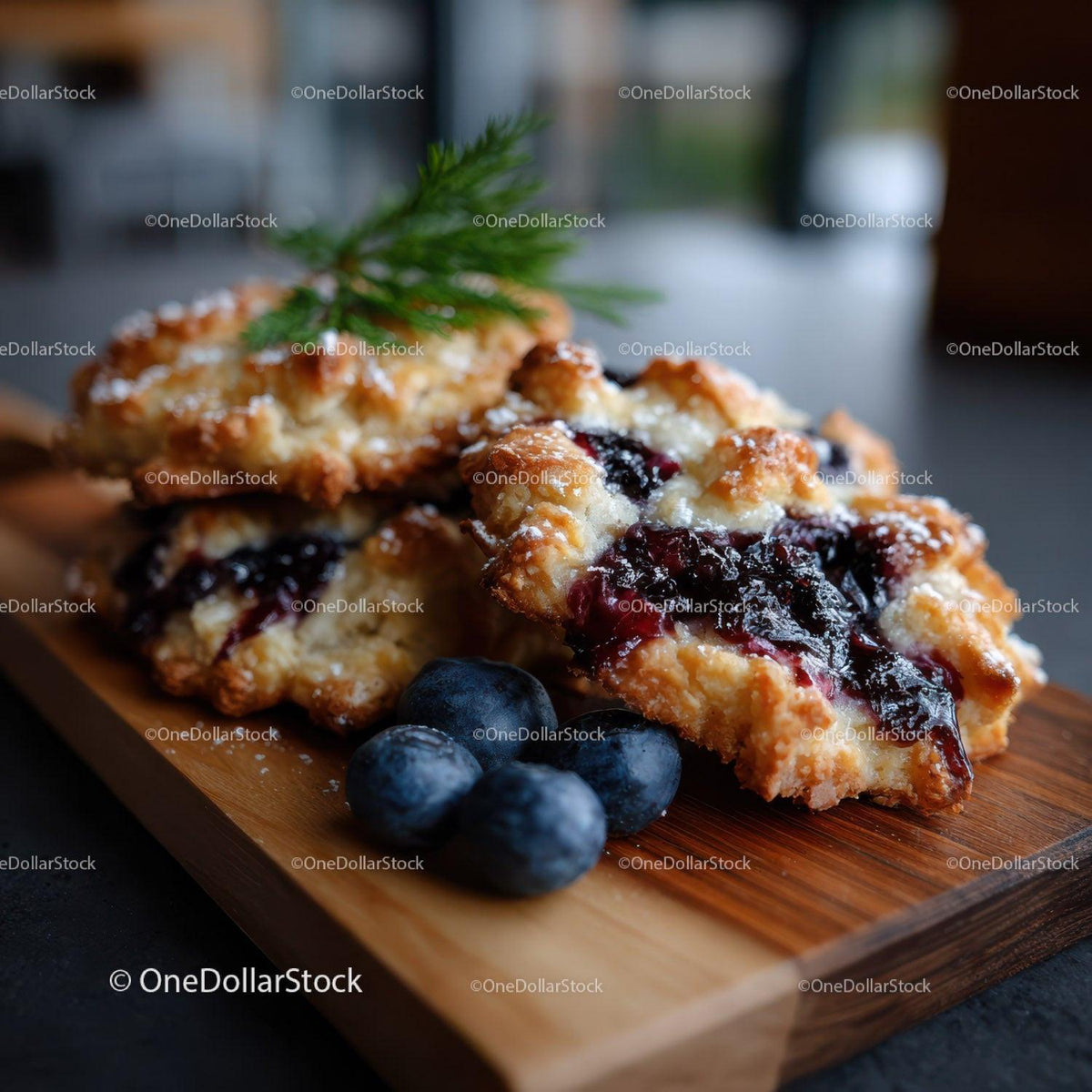 Blueberry Pie with Fresh Berries on Wooden Plate