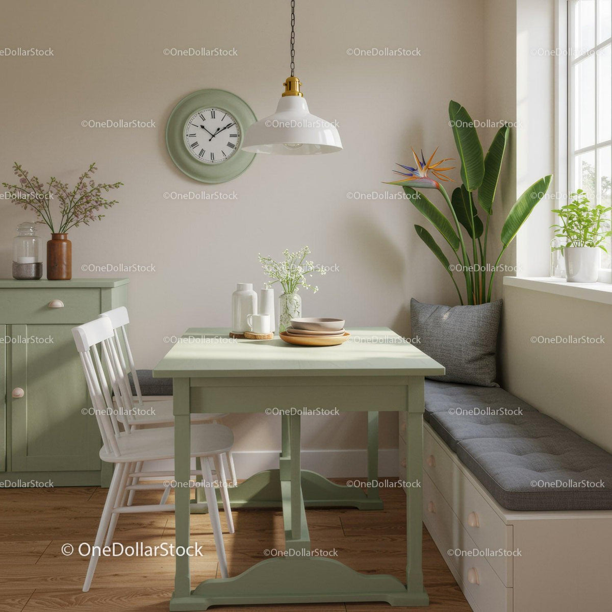 Elegant Green Dining Nook with Potted Plants and Modern Decor