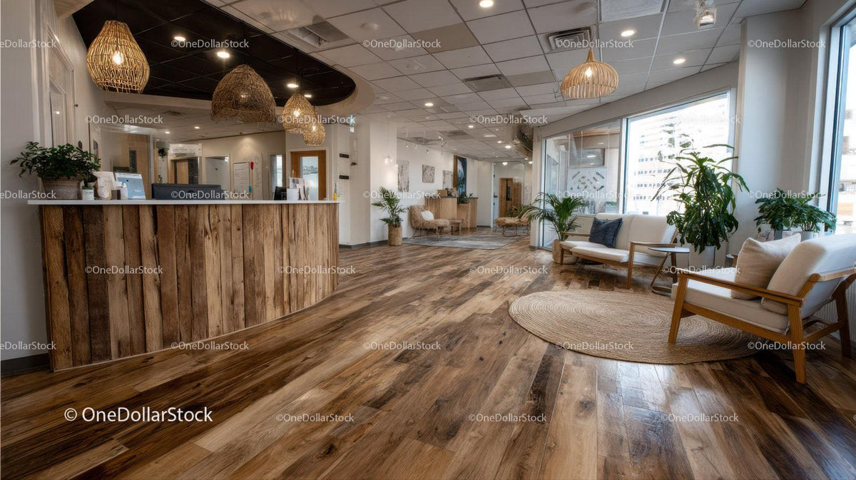 Stylish Modern Hotel Lobby with Wooden Floor and Green Plants