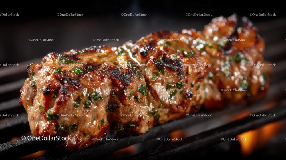 Juicy Grilled Meat Skewers with Charred Edges on Open Flame Stock Photo Bundle preview 7