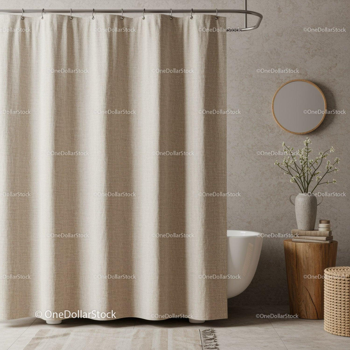 Modern Bathroom with Beige Shower Curtain and Wooden Decor Elements