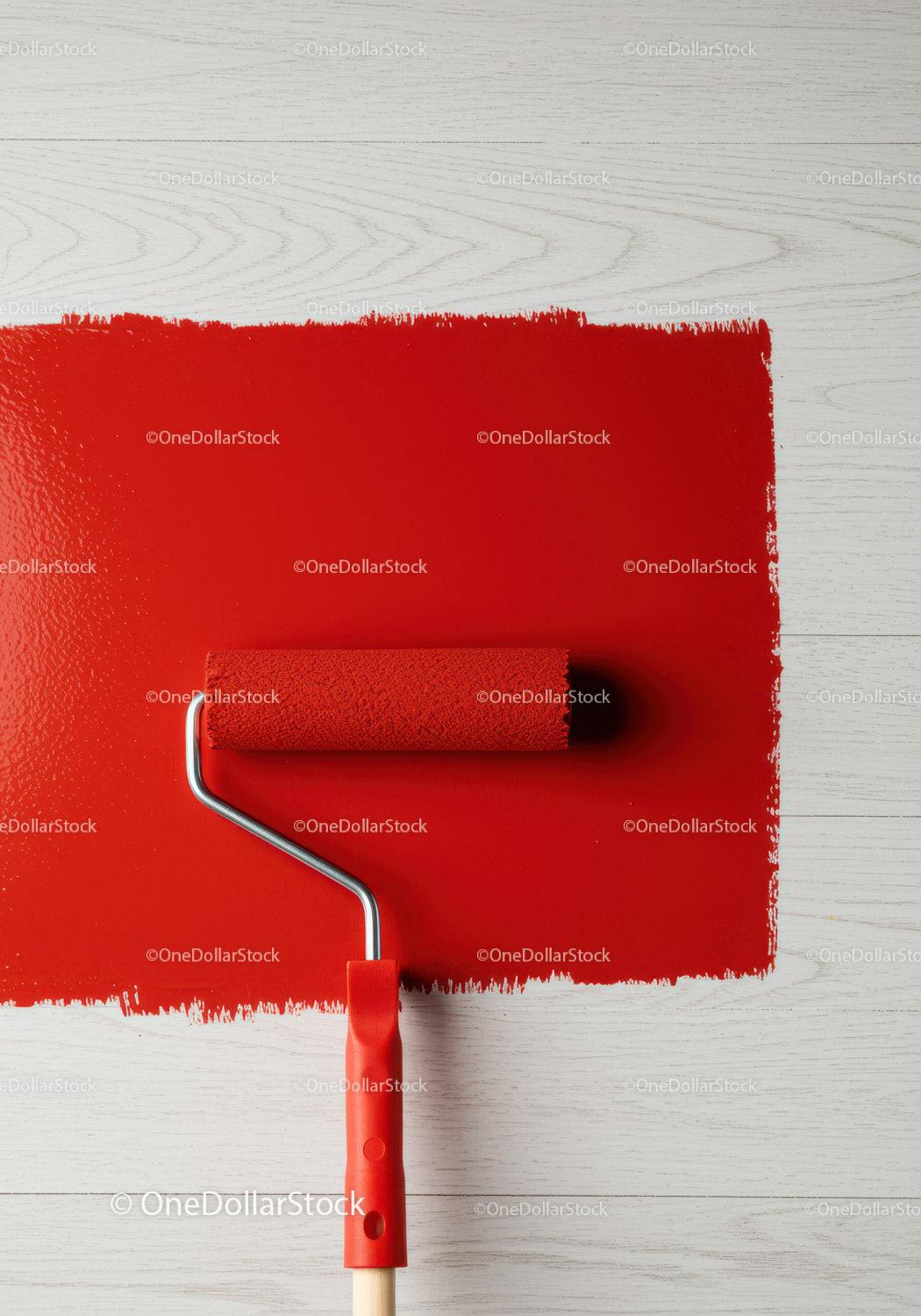 Red Paint Being Applied with Roller on White Wall for Home Renovation Stock Photo Bundle preview 33