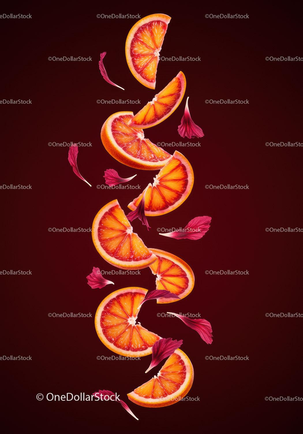 Floating blood orange slices with pink petals on dark red