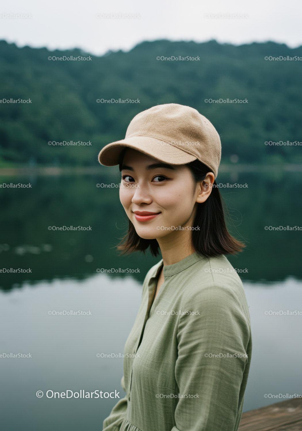 stock photo bundle made with Young Woman in Green Dress Wearing Beige Cap Near Lake Landscape Stock Photo Bundle