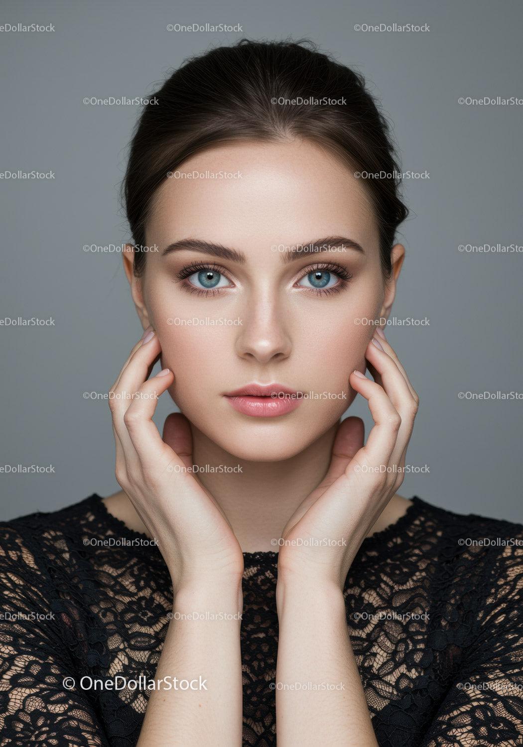 Portrait of a Young Woman with Blue Eyes and Flawless Skin