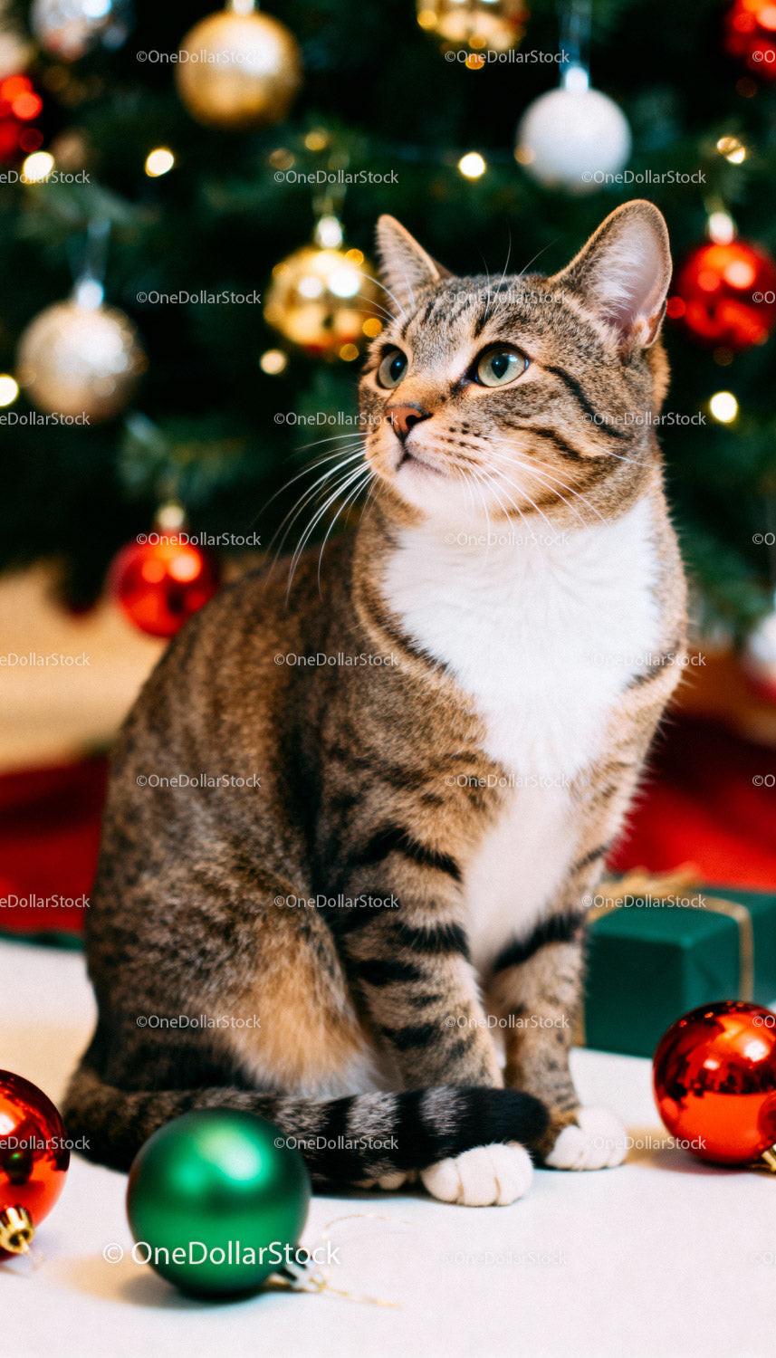 Curious Tabby Cat Sitting by Festive Christmas Tree
