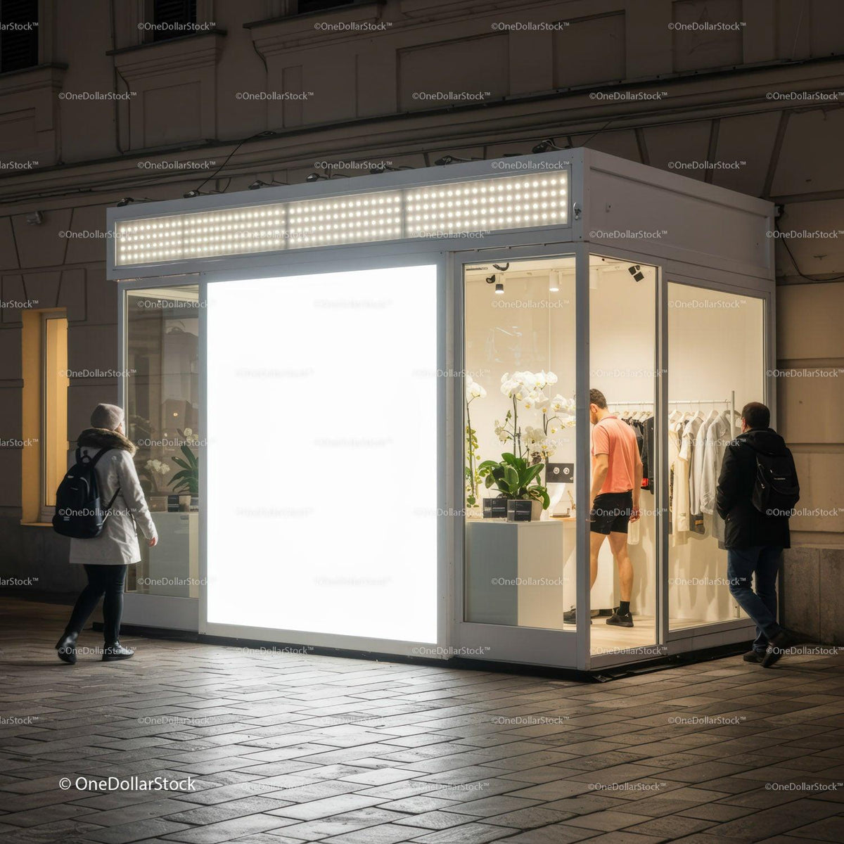 Evening urban scene with illuminated modern boutique JPG Mockup Image preview