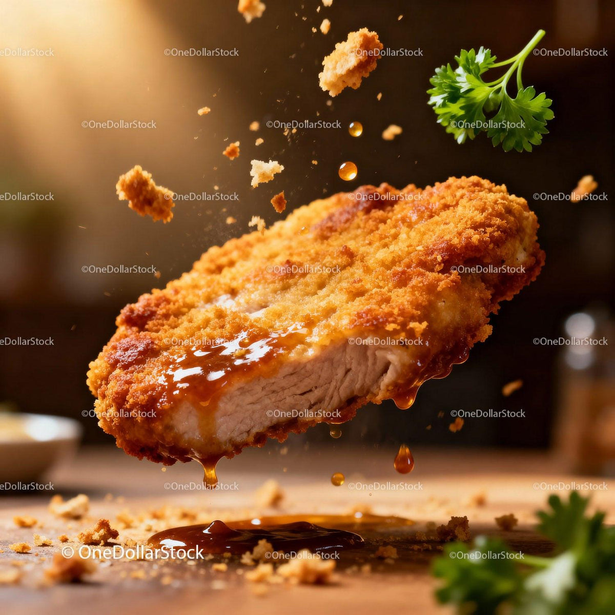 Crispy Fried Pork Cutlet with Sauce and Herb Garnish