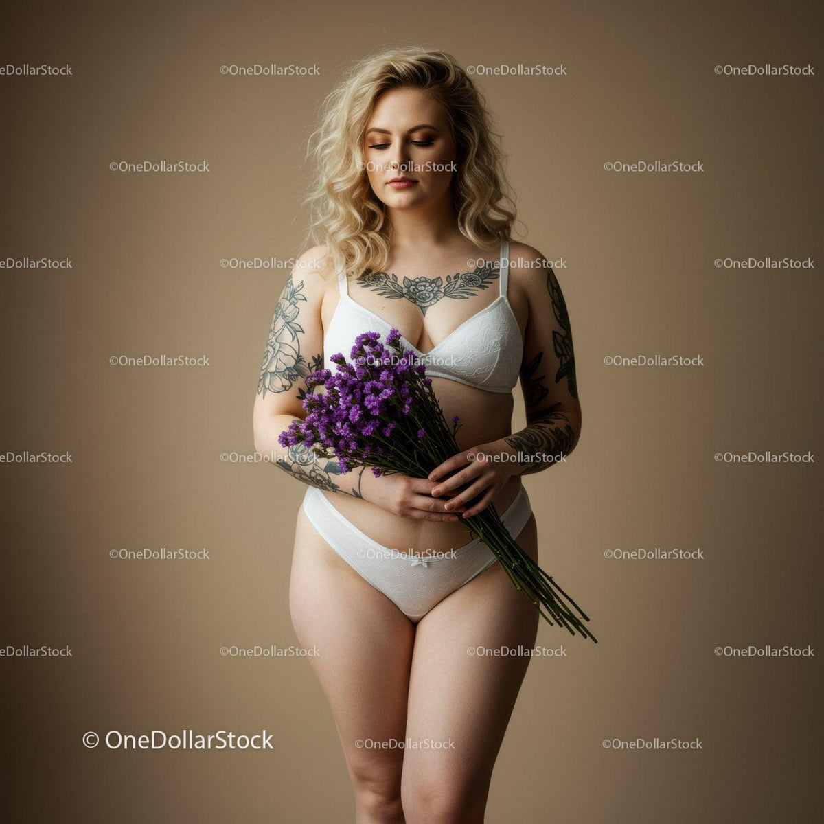 Elegant Woman with Lavender Bouquet in White Lingerie