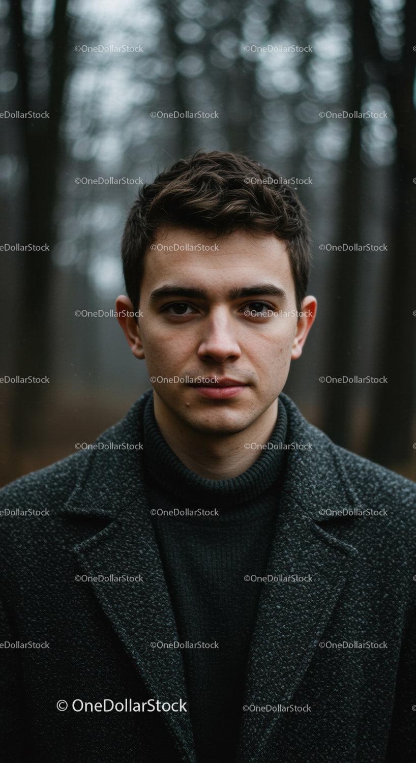 Young man in dark coat standing in misty forest