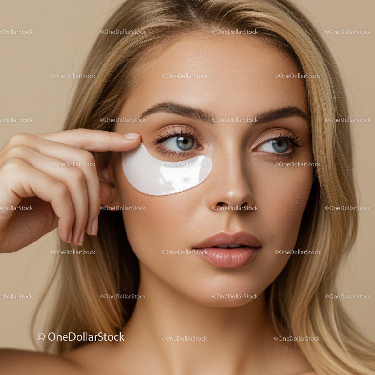 Beautiful blonde woman with eye patch in skincare routine