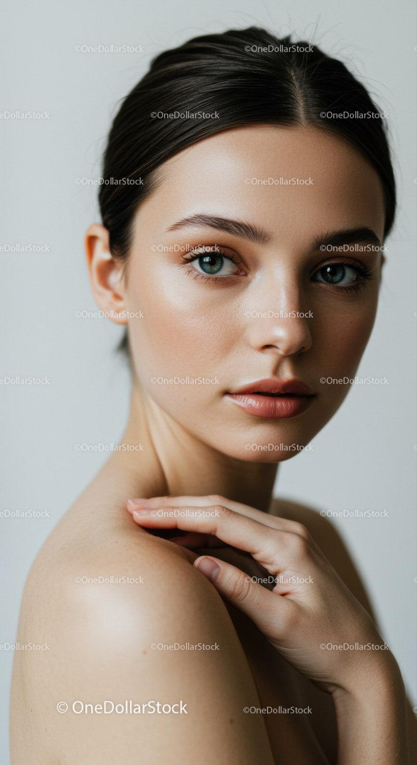 Close-up Portrait of a Young Woman with Blue Eyes and Flawless Skin