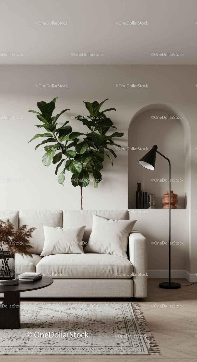 Minimalist living room with beige sofa and greenery