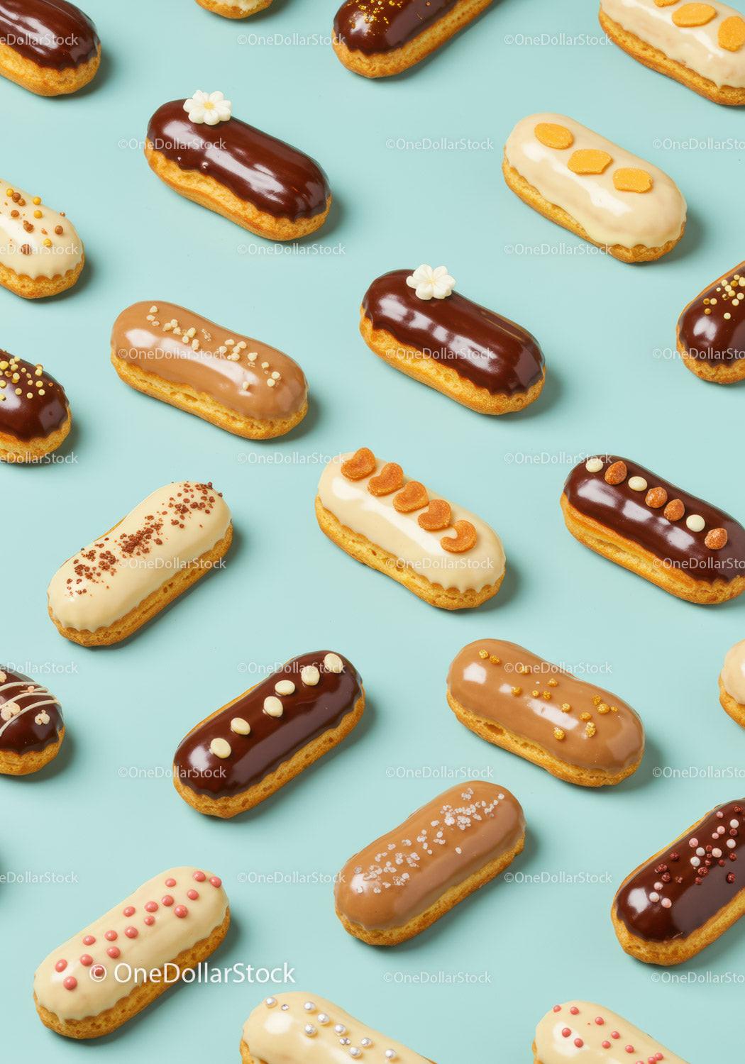 Assorted Eclairs with Various Glazes and Decorations