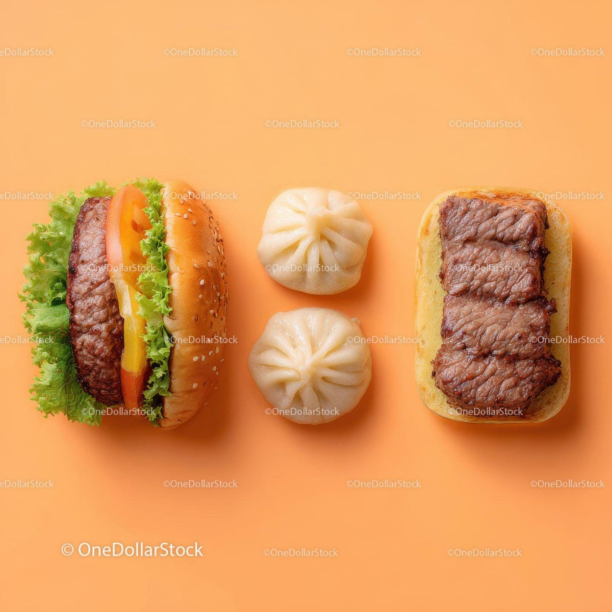 Gourmet Burger with Lettuce and Tomato Next to Grilled Steak and Dumpling Stock Photo Bundle preview 29