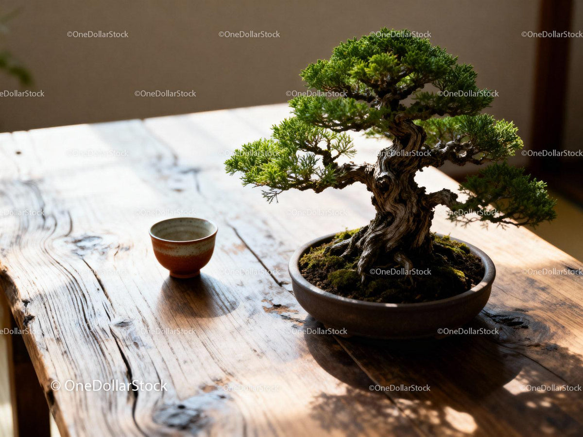 Small bonsai tree beside a ceramic cup on wooden table