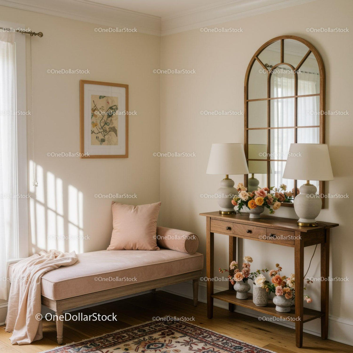 Cozy corner with soft chaise lounge and floral decor