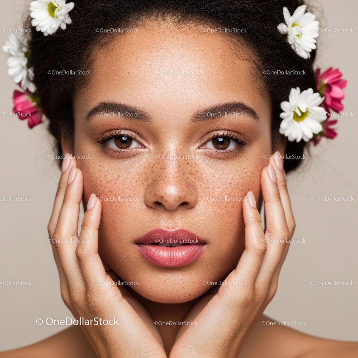 Beauty Portrait of a Woman with Freckles and Floral Headband