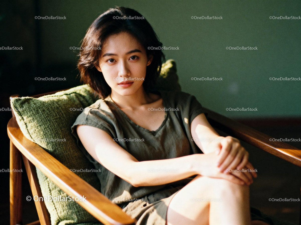 Young woman relaxing in wooden armchair with natural light