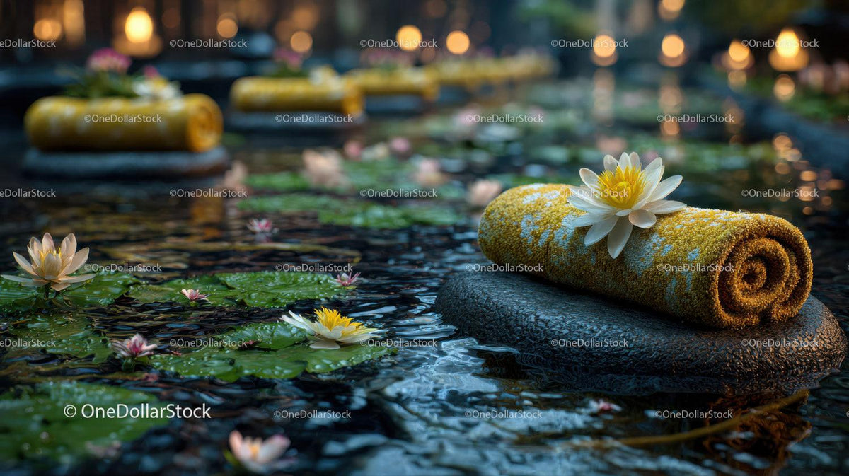 Serene Outdoor Spa Scene with Yellow Towel and Water Lilies Stock Photo Bundle preview 15