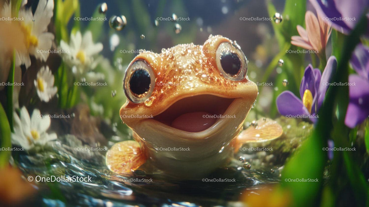 Orange frog with big eyes in water surrounded by colorful flowers
