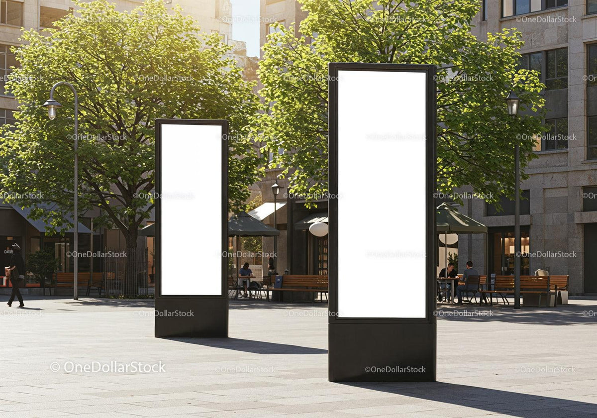 Modern urban digital billboards in sunny city plaza JPG Mockup Image preview