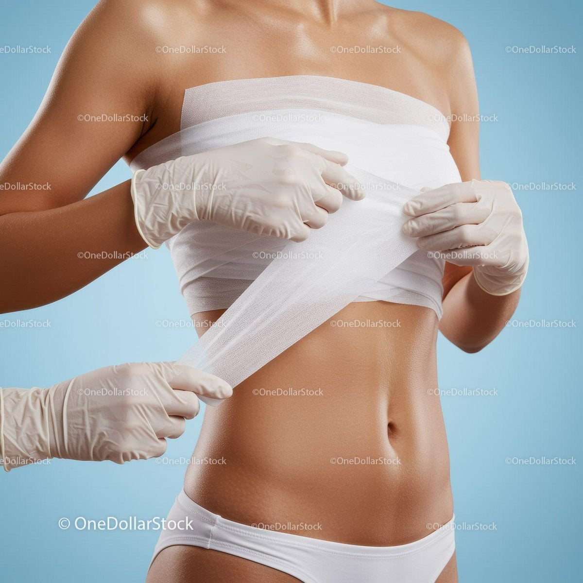 Woman Wrapping Medical Bandage on Upper Body for Wound Care