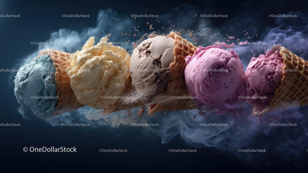 Colorful Ice Cream Scoops in Waffle Cones Splashing Water Stock Photo Bundle preview 11