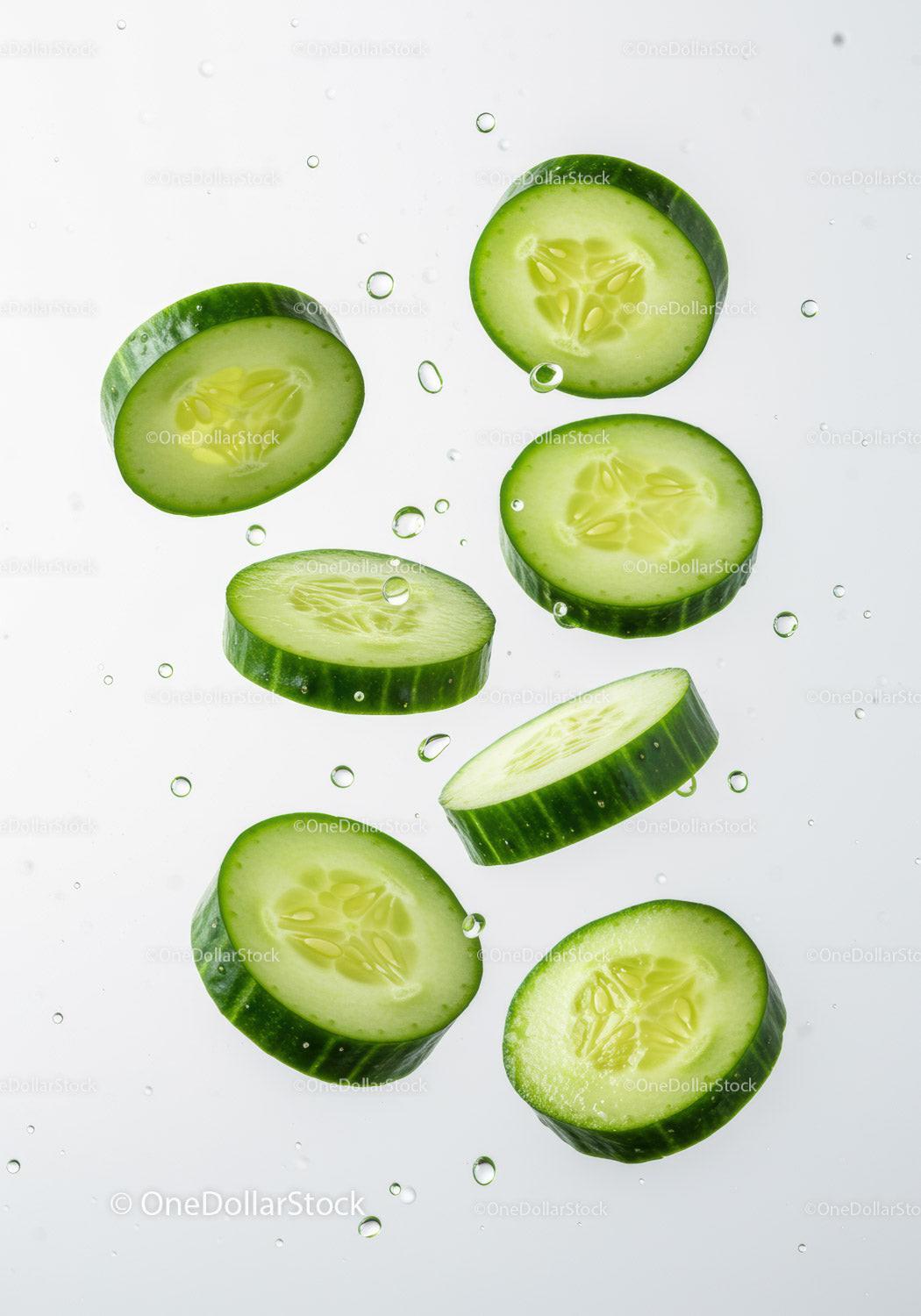 Fresh cucumber slices immersed in clear water droplets