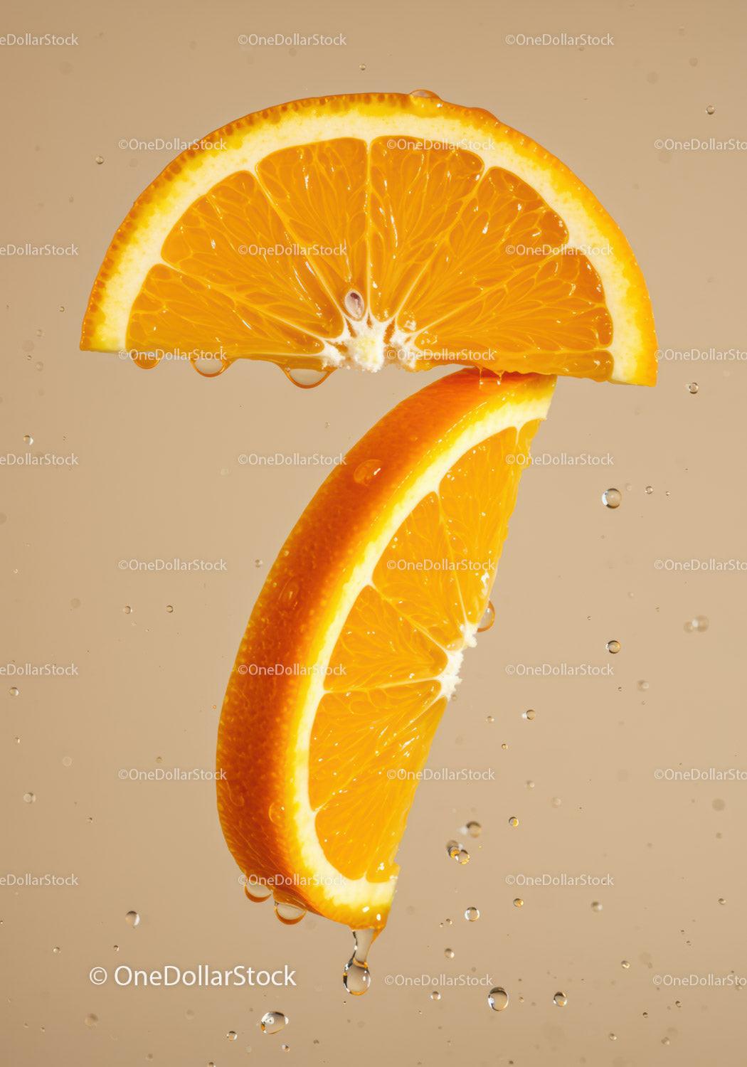 Fresh orange slices dripping with water droplets