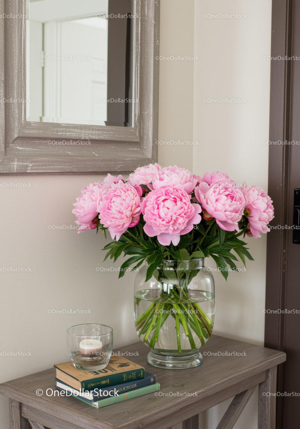 Pink Peony Flower Bouquet in Glass Vase on Wooden Table