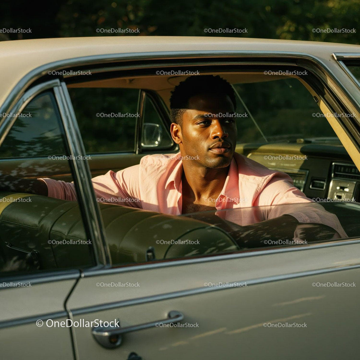 Young Man in Pink Shirt Sitting in Classic Vintage Car in Outdoor Scene