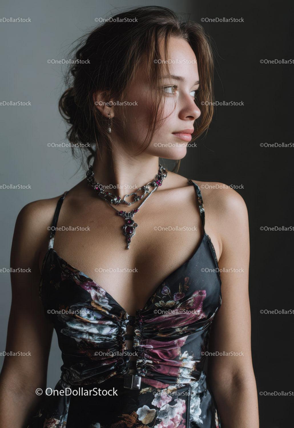 Elegant Young Woman Wearing Jewelry and Floral Dress in Studio