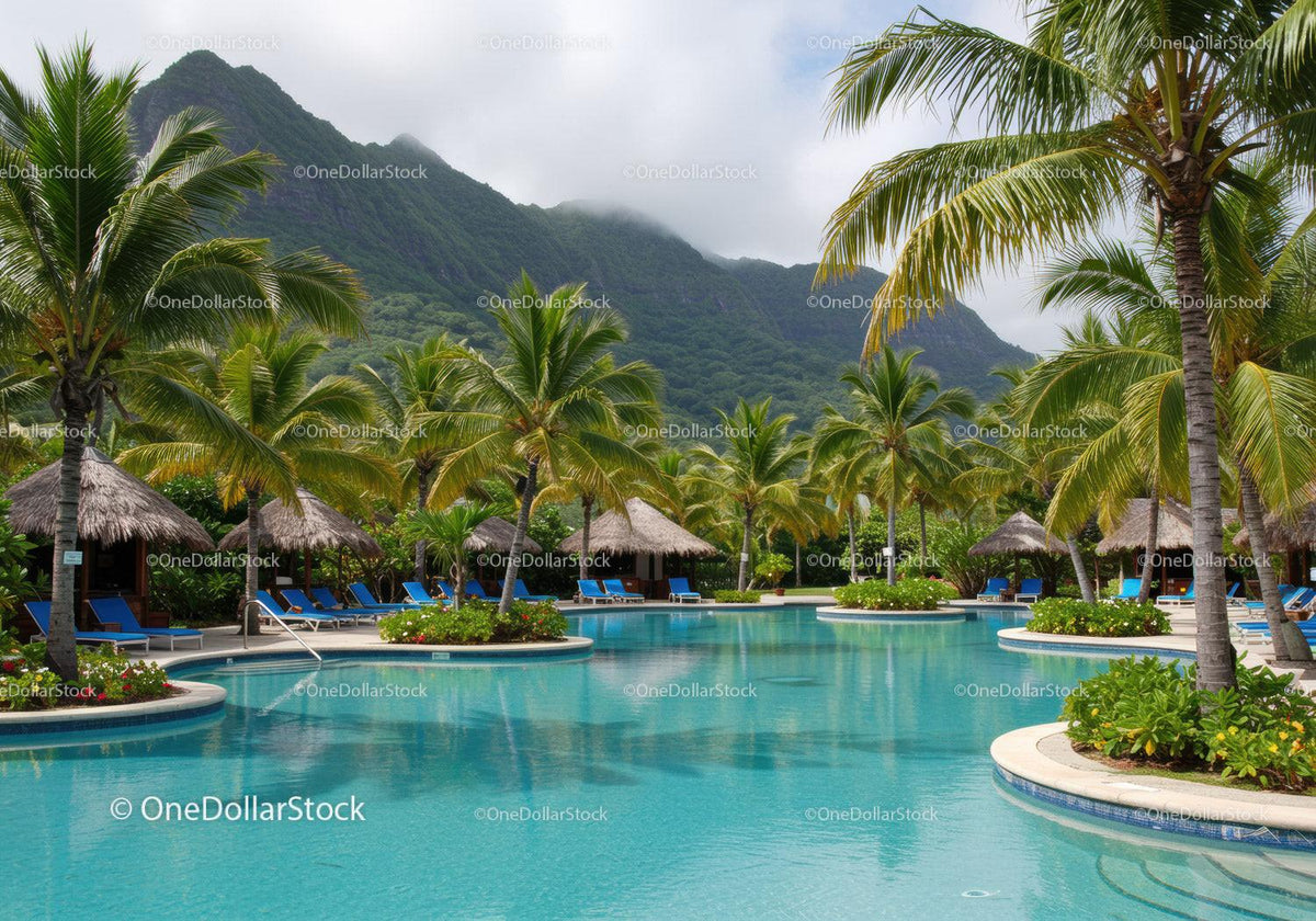 Resort Pool with Palm Trees and Mountain Background