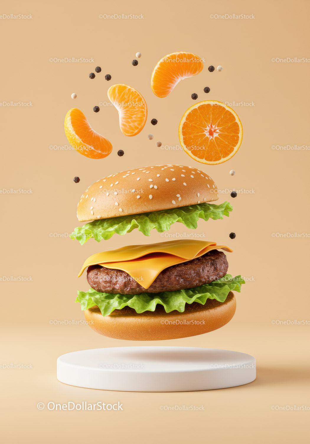 Floating cheeseburger with fresh lettuce and citrus slices