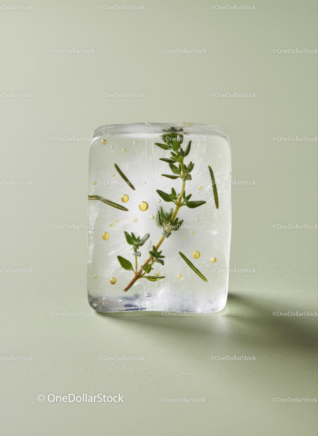 Herbs Frozen Inside Clear Ice Cube on Soft Background