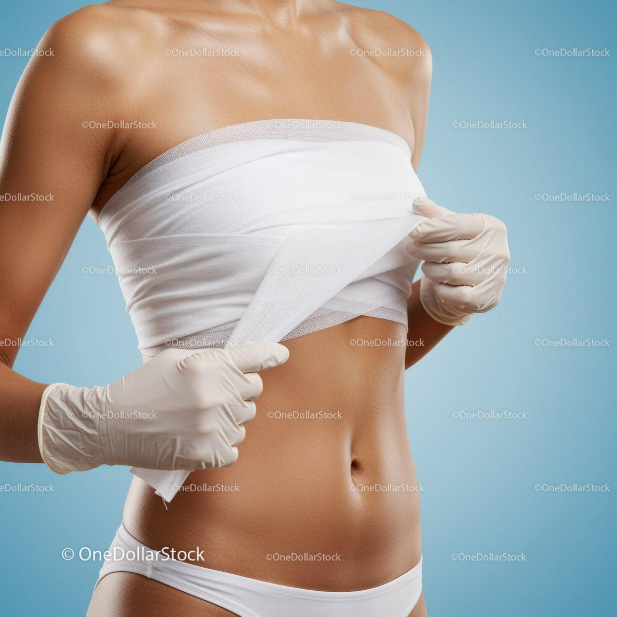 Close-up of Female Toned Torso in White Tank Top with Medical Gloves