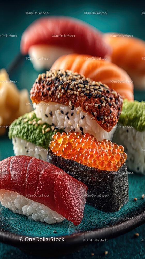Fresh Sushi Plate with Salmon Tuna Rice Garnishes and Soy Sauce Stock Photo Bundle preview 6