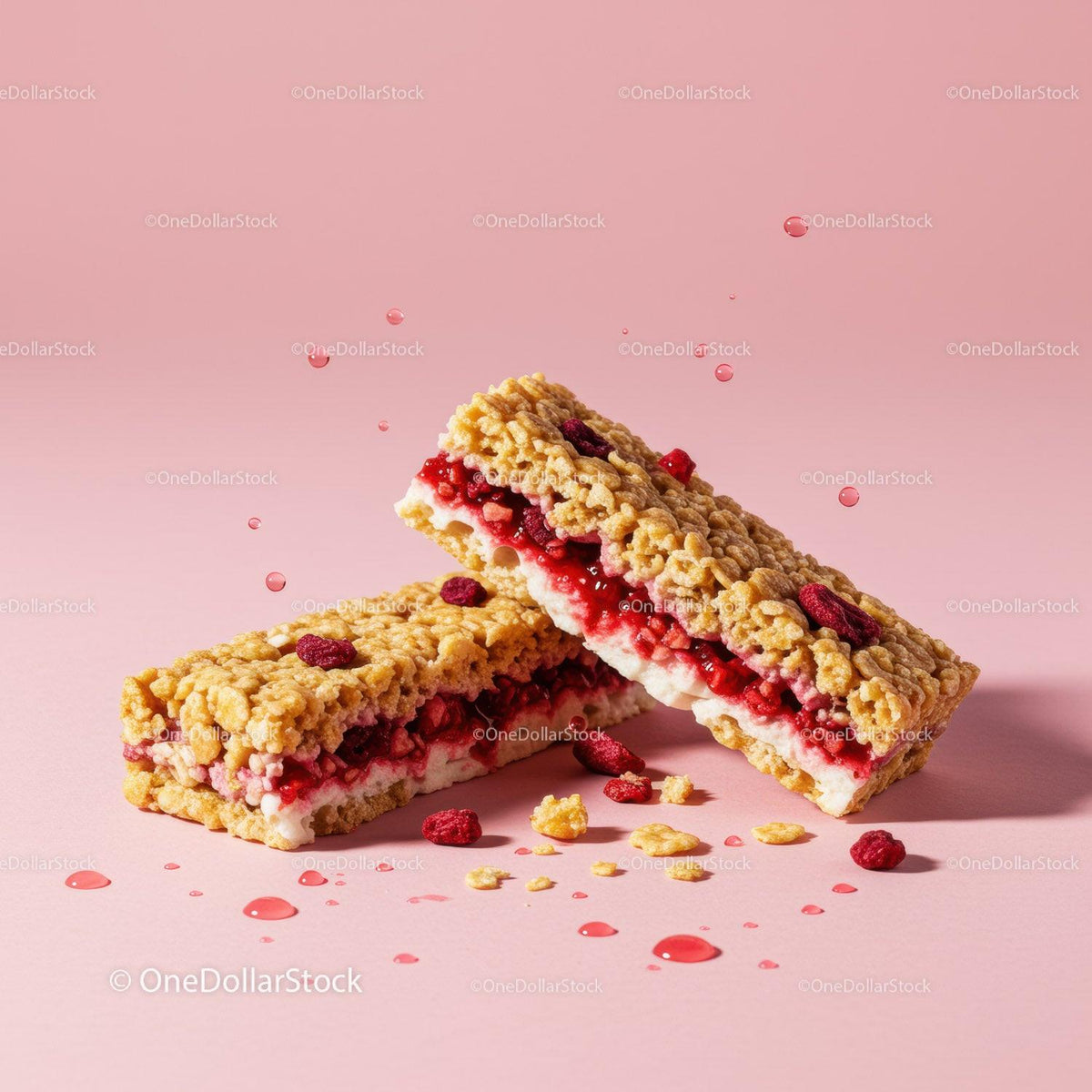 Berry Filled Crispy Cereal Snack Bars on Pink Background