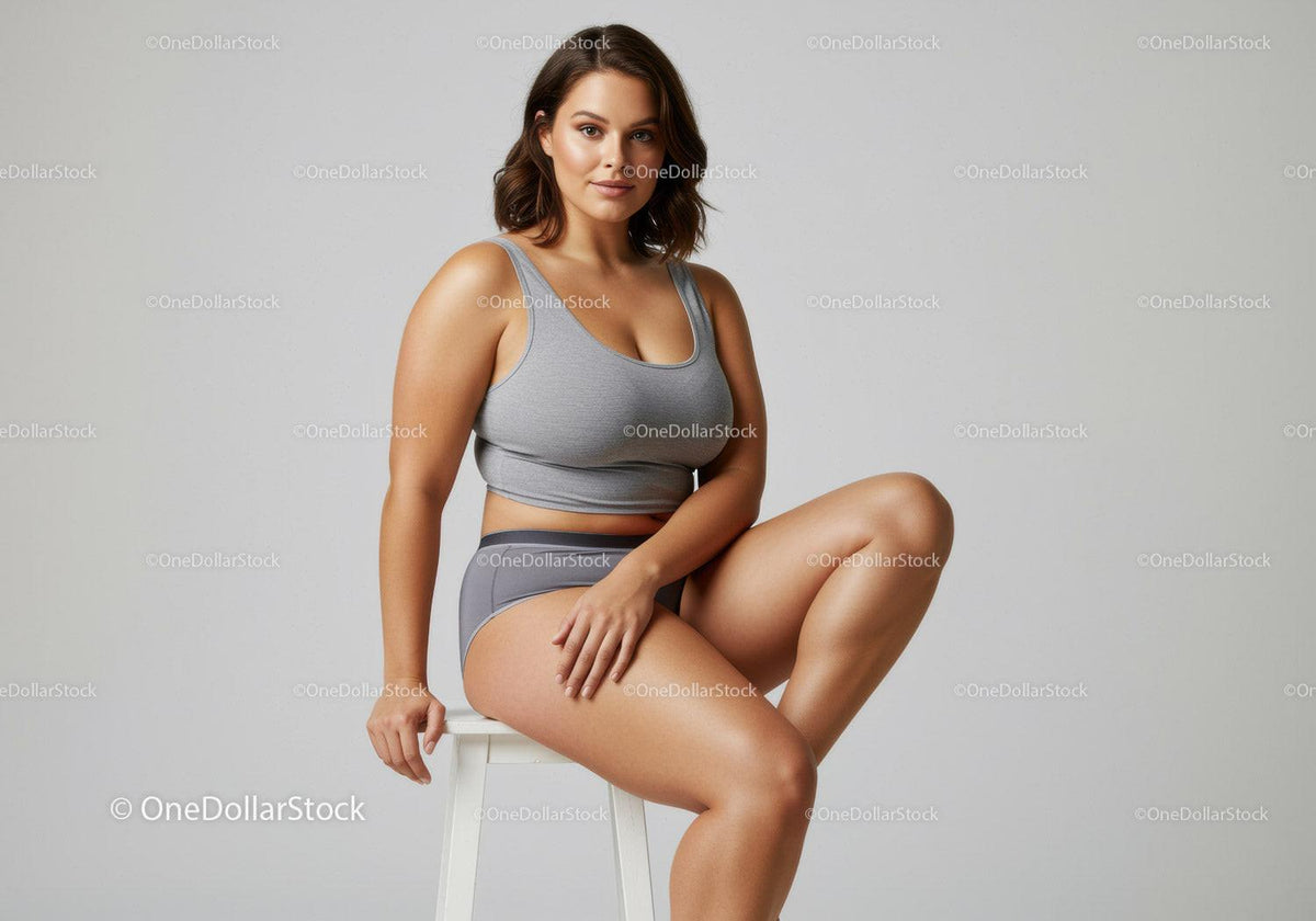 Young Woman in Casual Gray Sportswear Sitting on a White Stool