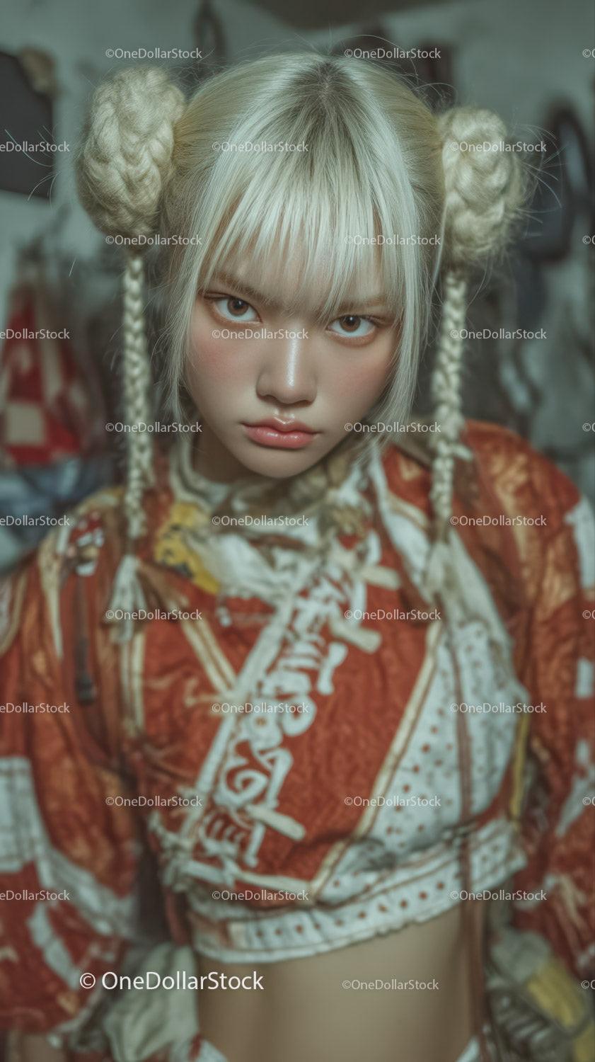 Young Woman with Platinum Blonde Braided Hair and Urban Style