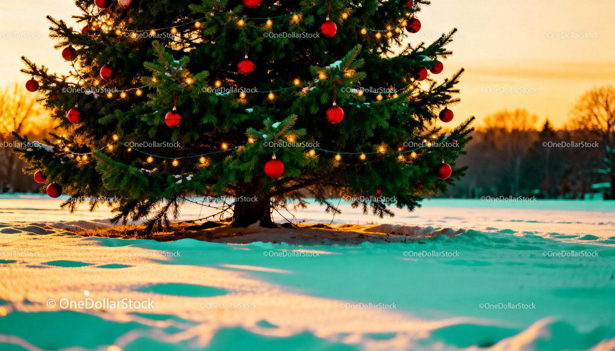 Decorated Christmas Tree Illuminated by Sunset Light