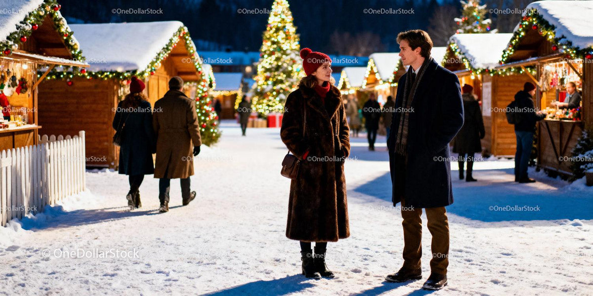 Couple chatting warmly at festive winter market night