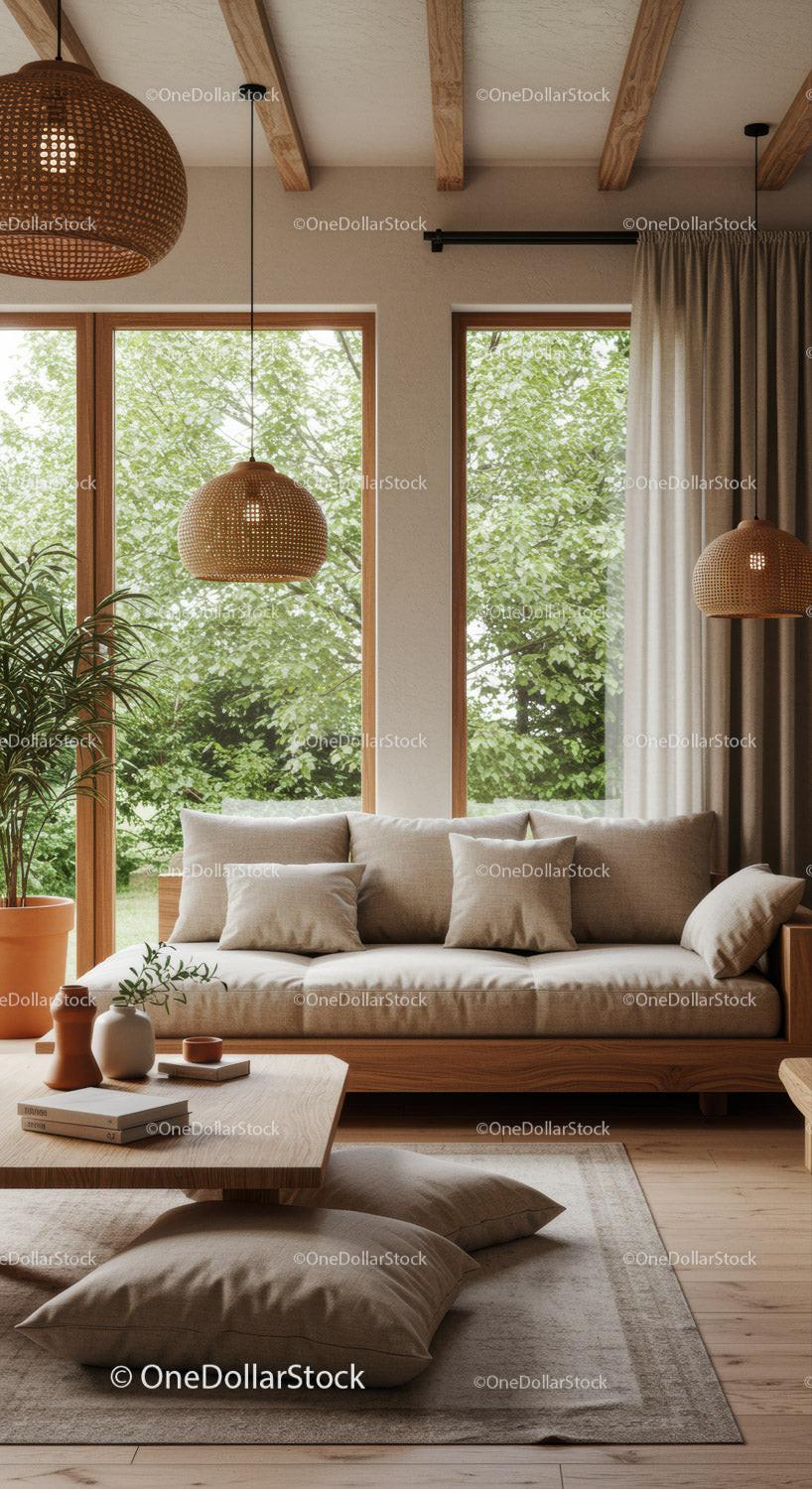 Cozy living room with natural light and wooden accents